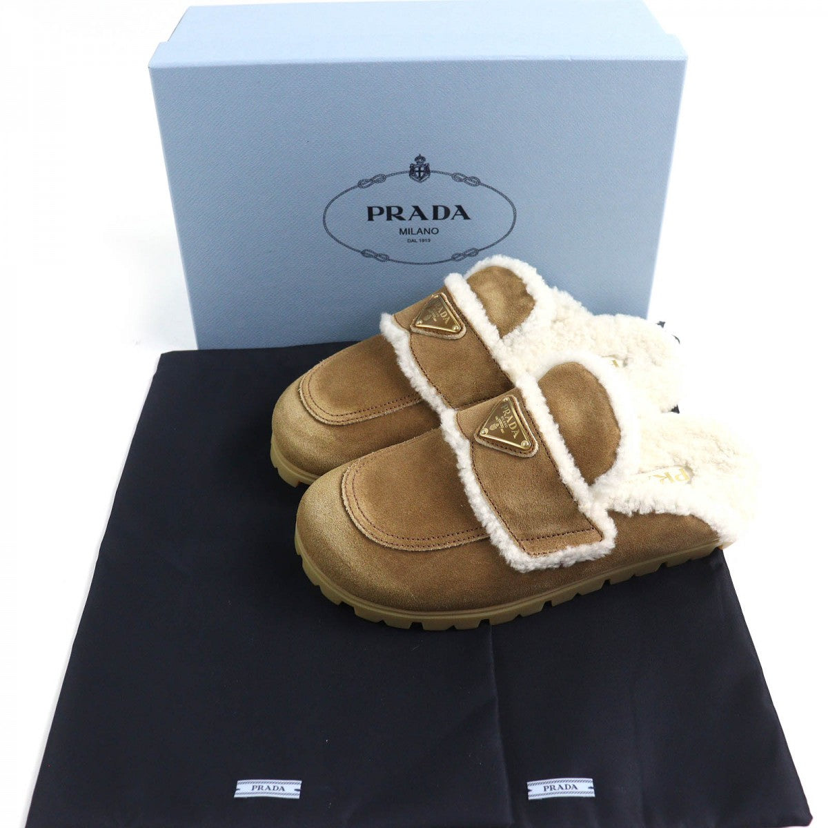 PRADA Sandals 1S711M Main: Suede leather beige Suede shearling slippers Women 37