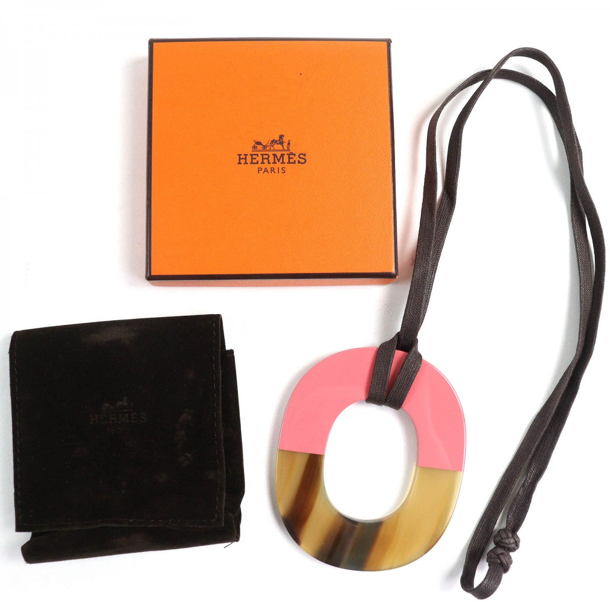 HERMES Necklace Main: Buffalo horn, Main: Lacquer Wood Beige Pink Ism Bicolor Women