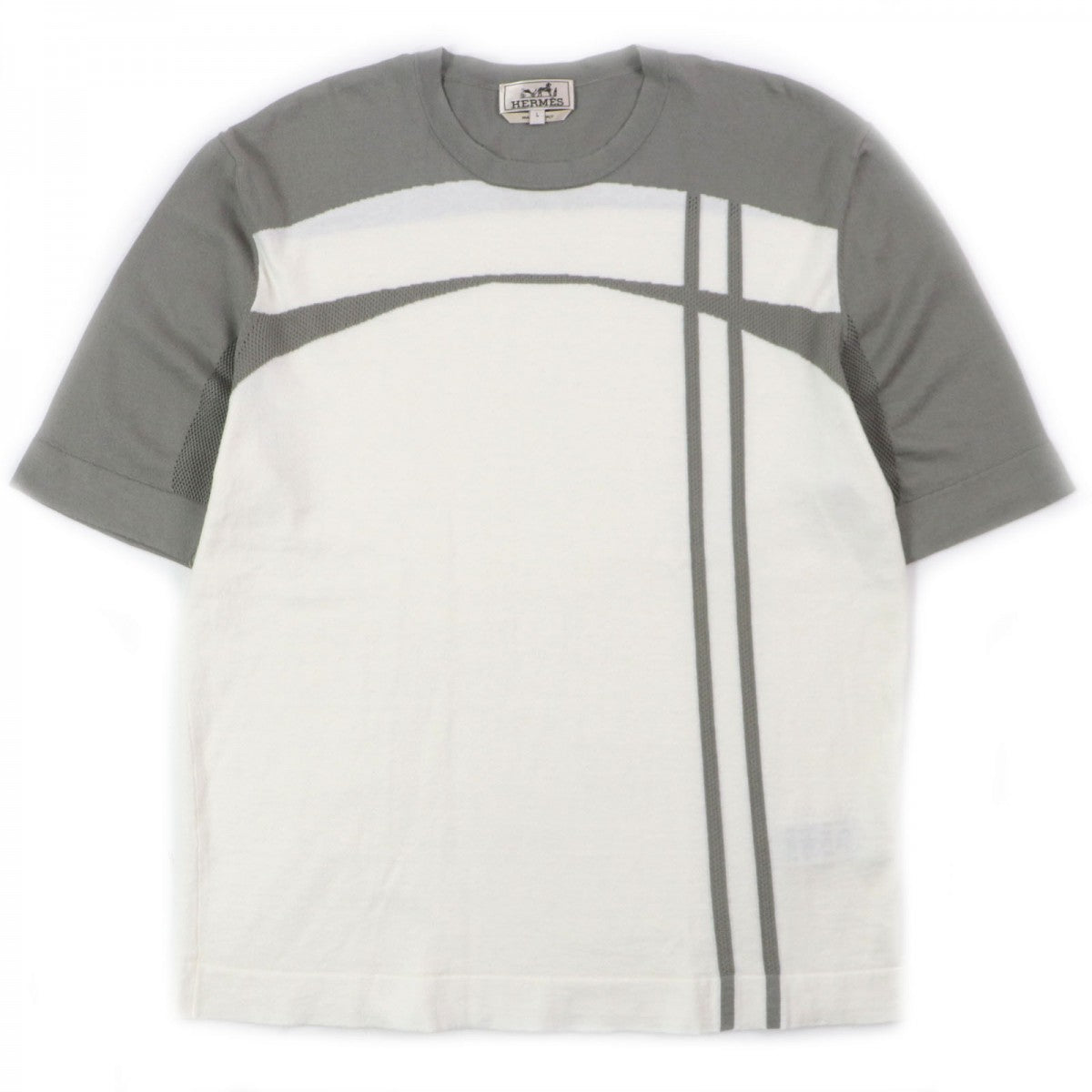 HERMES Short sleeve knit Main: 85% cotton, Main: 15% cashmere Gray white mens L