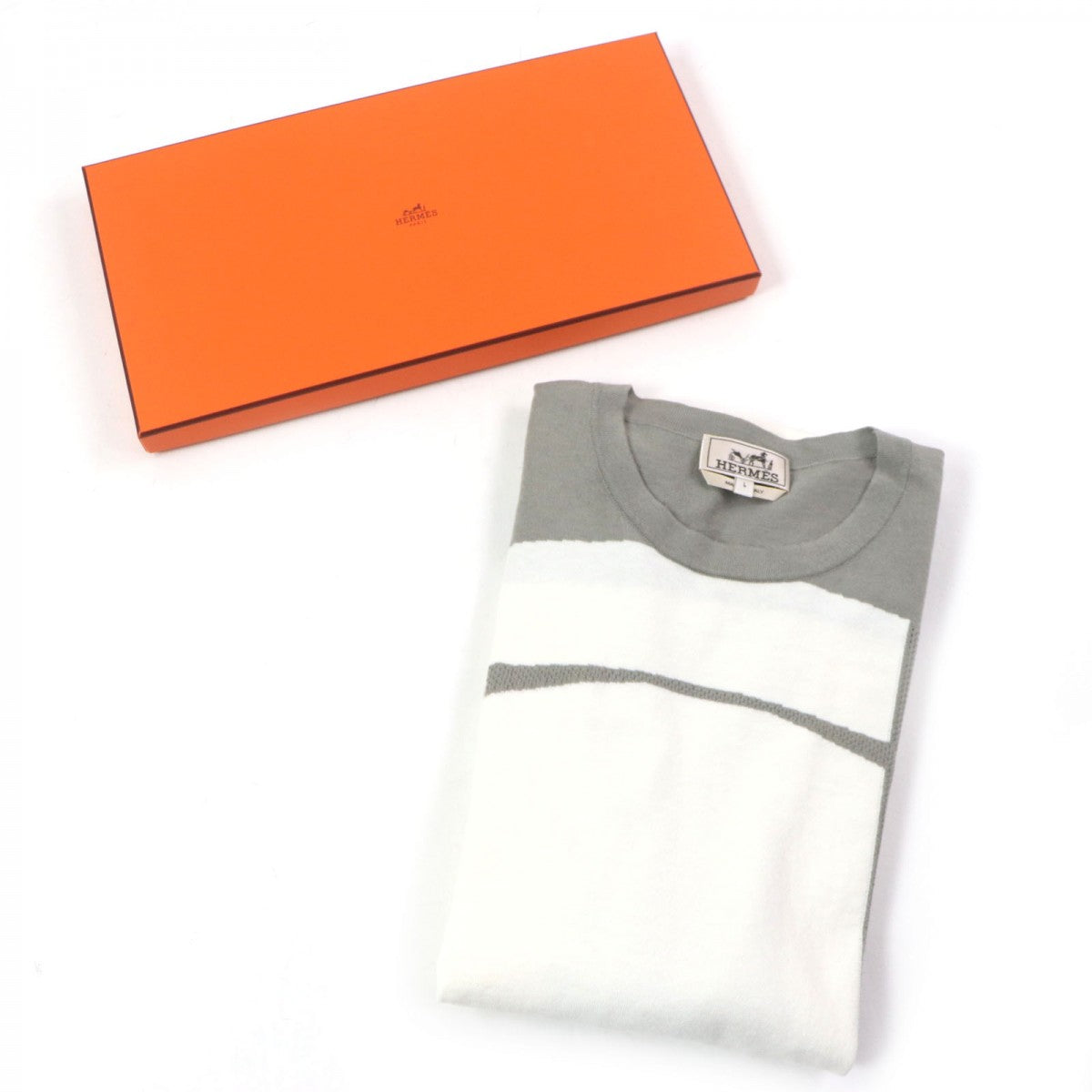 HERMES Short sleeve knit Main: 85% cotton, Main: 15% cashmere Gray white mens L
