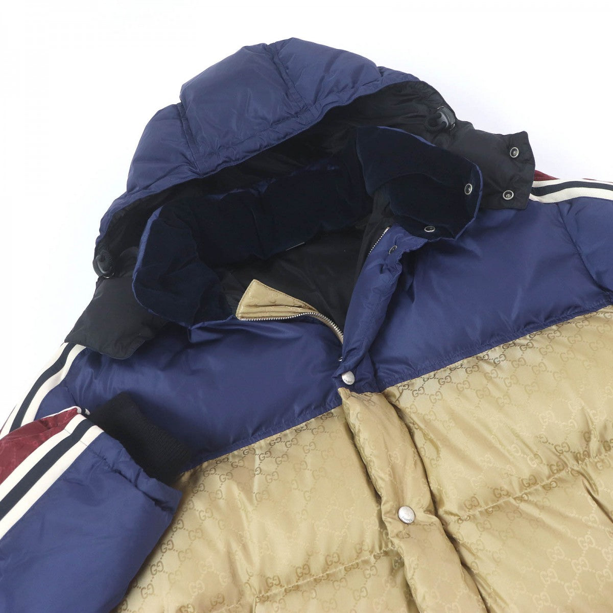 GUCCI down coat 590744 Main: 100% nylon, some: 70% cotton, some: 28% rayon, some: 2% elastane (polyurethane), some: 55% polyester, some: 100% nylon 100% cotton Bordeaux Blue Gold mens 50