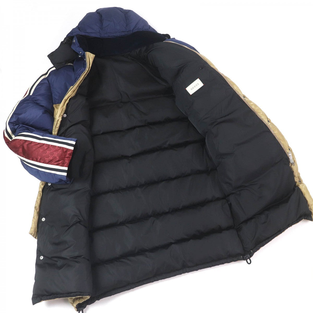 GUCCI down coat 590744 Main: 100% nylon, some: 70% cotton, some: 28% rayon, some: 2% elastane (polyurethane), some: 55% polyester, some: 100% nylon 100% cotton Bordeaux Blue Gold mens 50