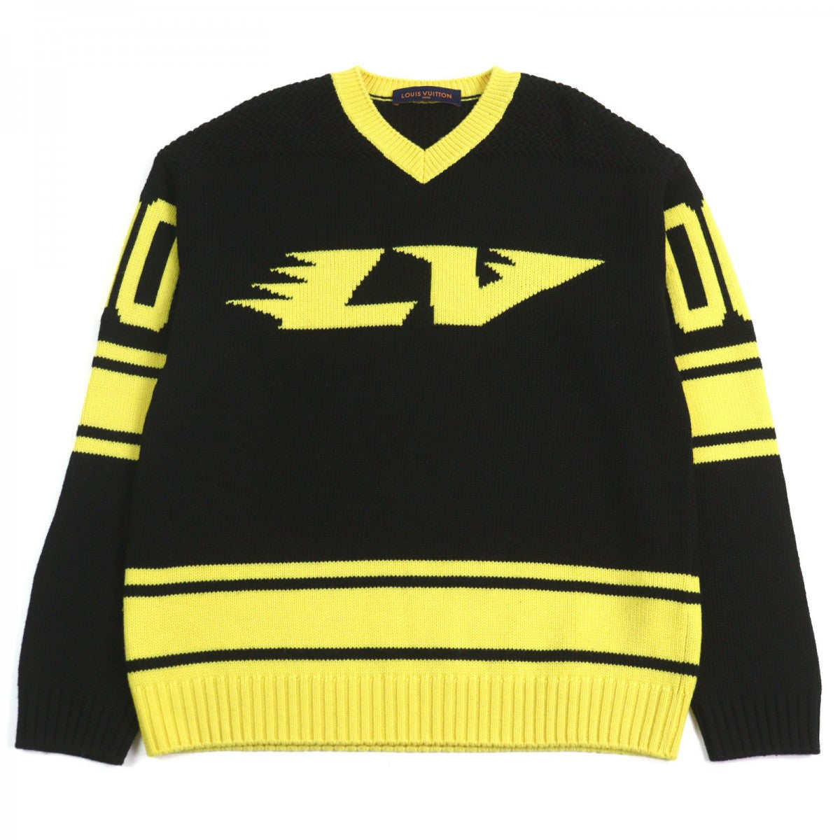 LOUIS VUITTON knit HMN86W Main: 68% wool, 18% rayon, 9% nylon, 5% cashmere Black yellow LV Intarsia football knit mens S