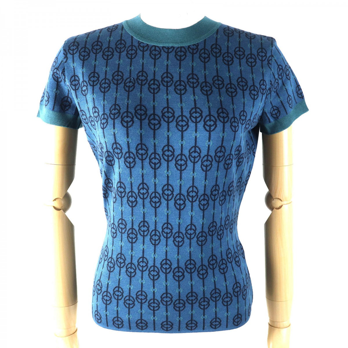 HERMES Short sleeve knit 2E2601D4 Main: 92% silk, Main: 6% nylon, Main: 2% polyurethane blue-black Women 40