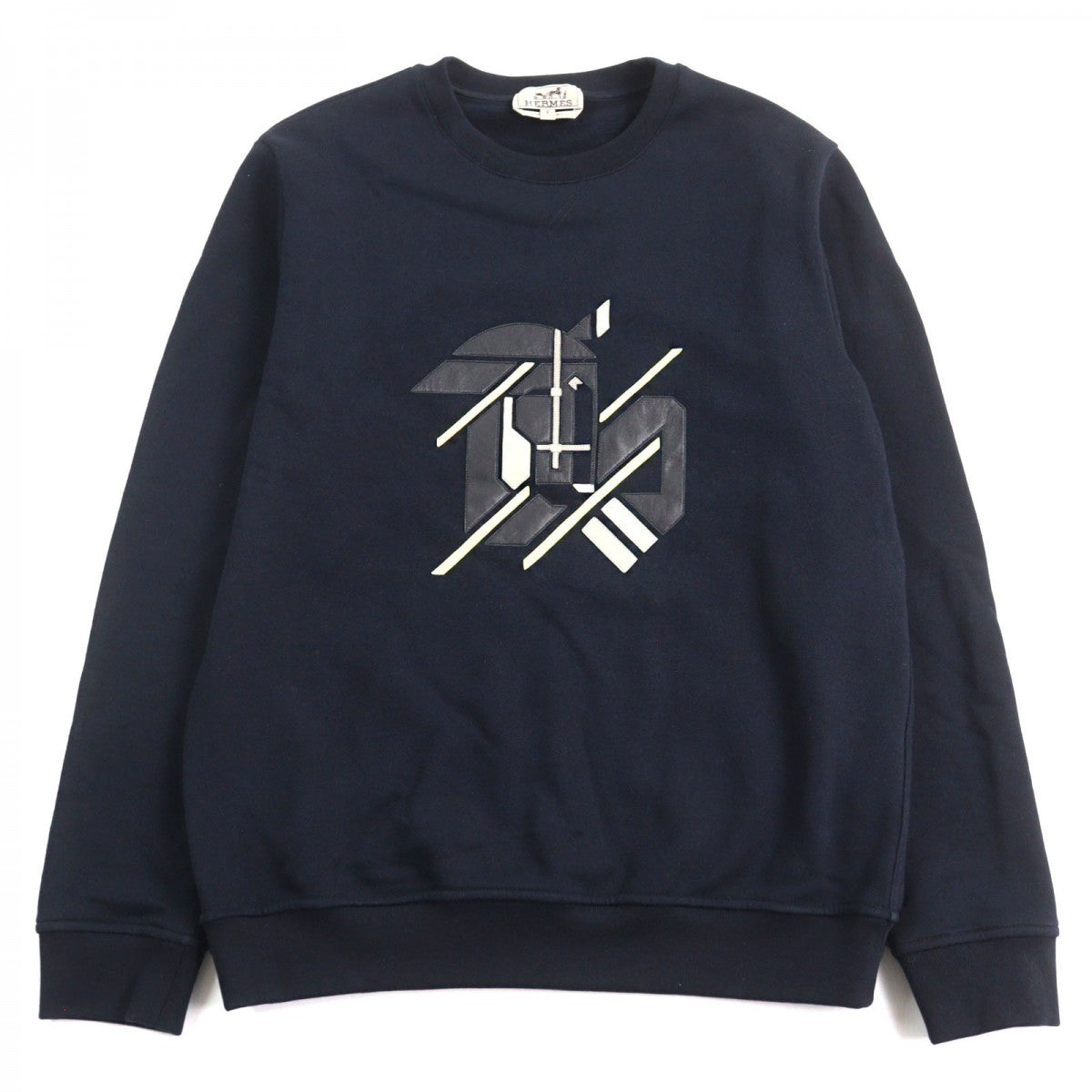 HERMES sweat Main: 100% cotton, Leather part: sheepskin, Part: 90% cotton, Part: 10% polyurethane Navy type Chevaux en Symmetrie mens S