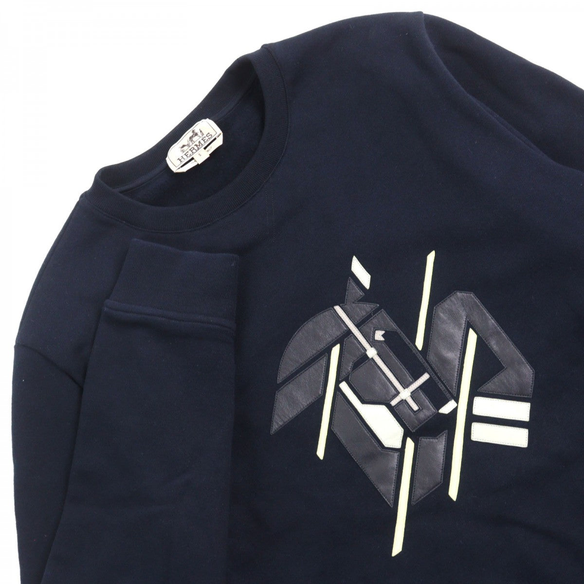 HERMES sweat Main: 100% cotton, Leather part: sheepskin, Part: 90% cotton, Part: 10% polyurethane Navy type Chevaux en Symmetrie mens S
