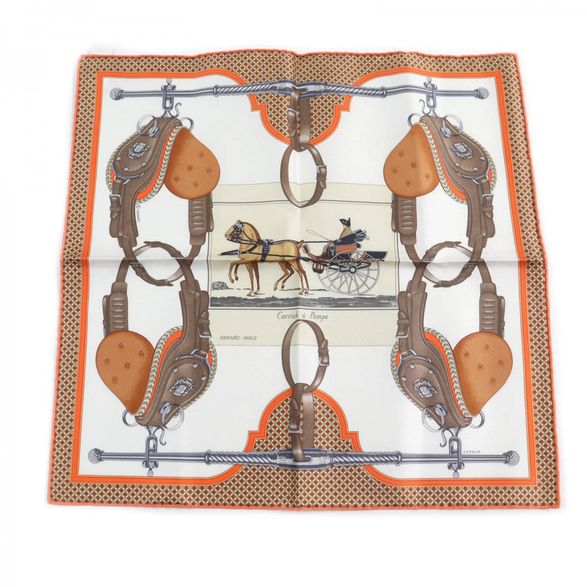 HERMES scarf Main: 100% silk BLANC/ORANGE/BRUN Gavroche Twill Carrick a Pomp Women
