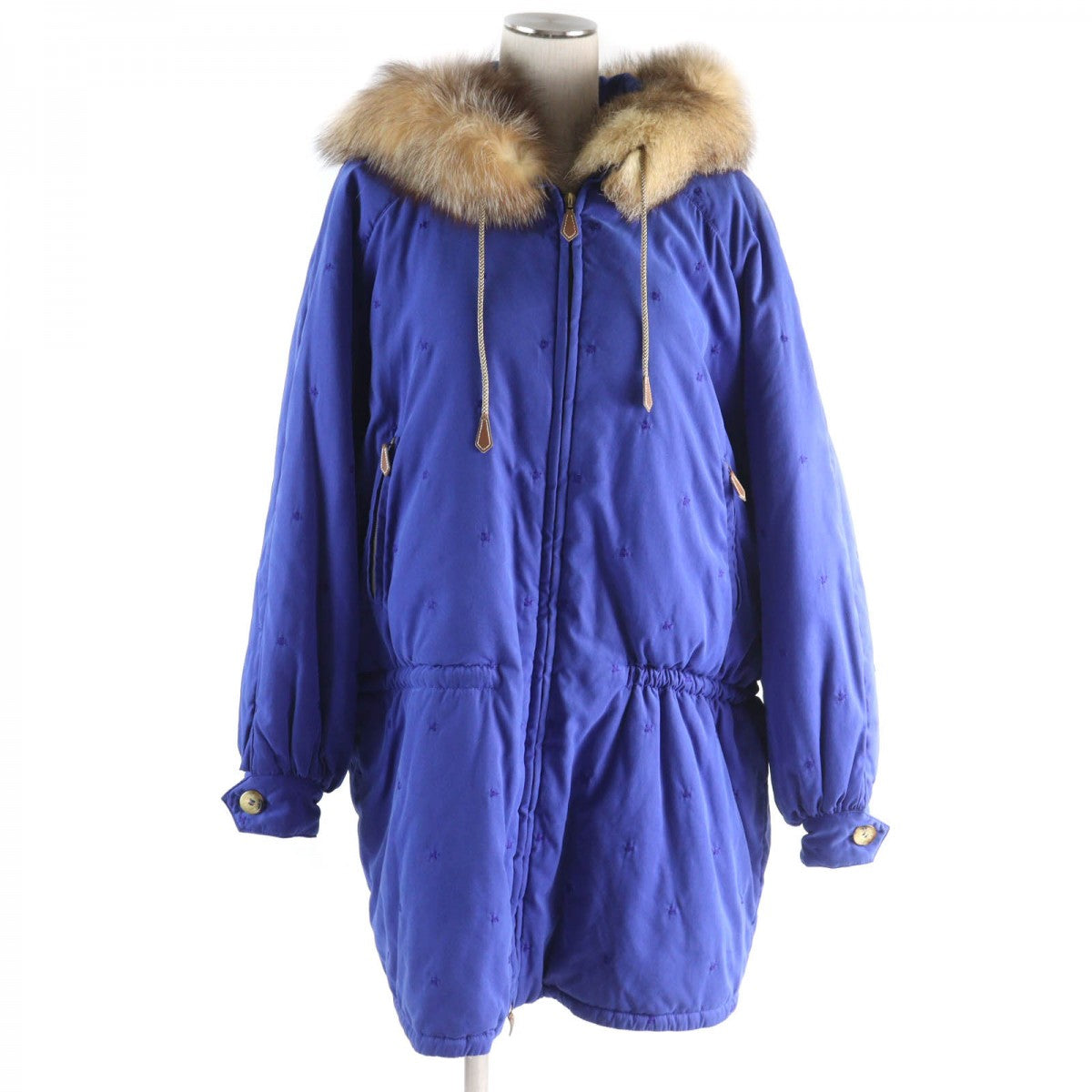HERMES coat Outer: 85% polyester, Outer: 15% nylon, Part: Cowhide, Fur: Fox, Filling: 100% polyester blue Women 40