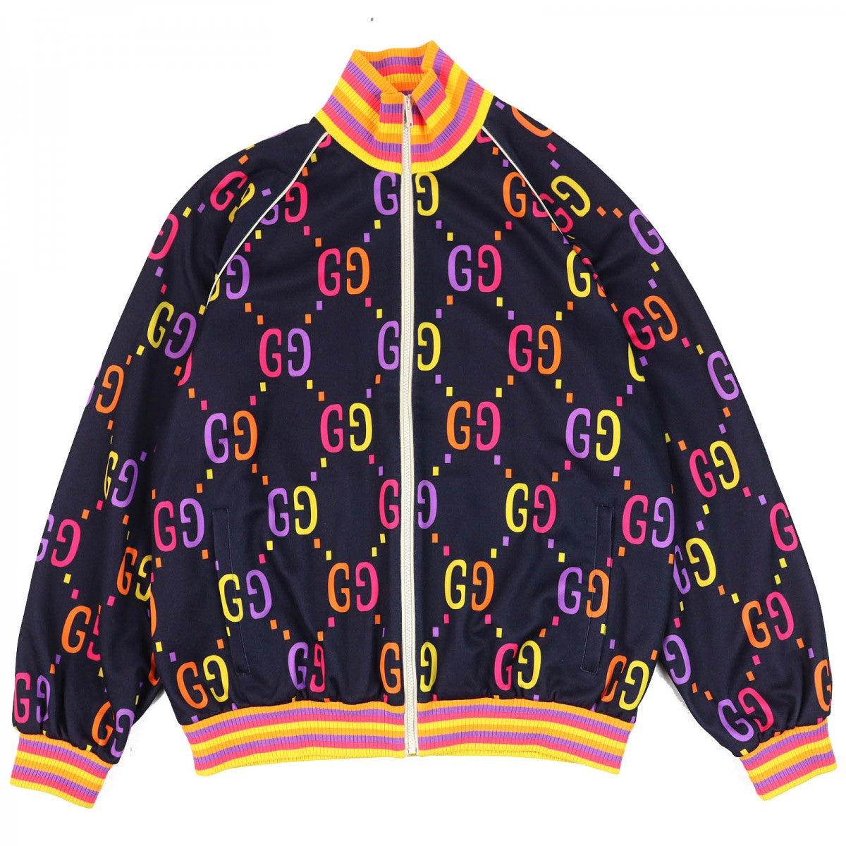 GUCCI Track jacket 701623 Outer: 55% polyester, Outer: 45% cotton, Part: 91% polyester, Part: 6% nylon, Part: 3% polyurethane Navy multi-color mens M