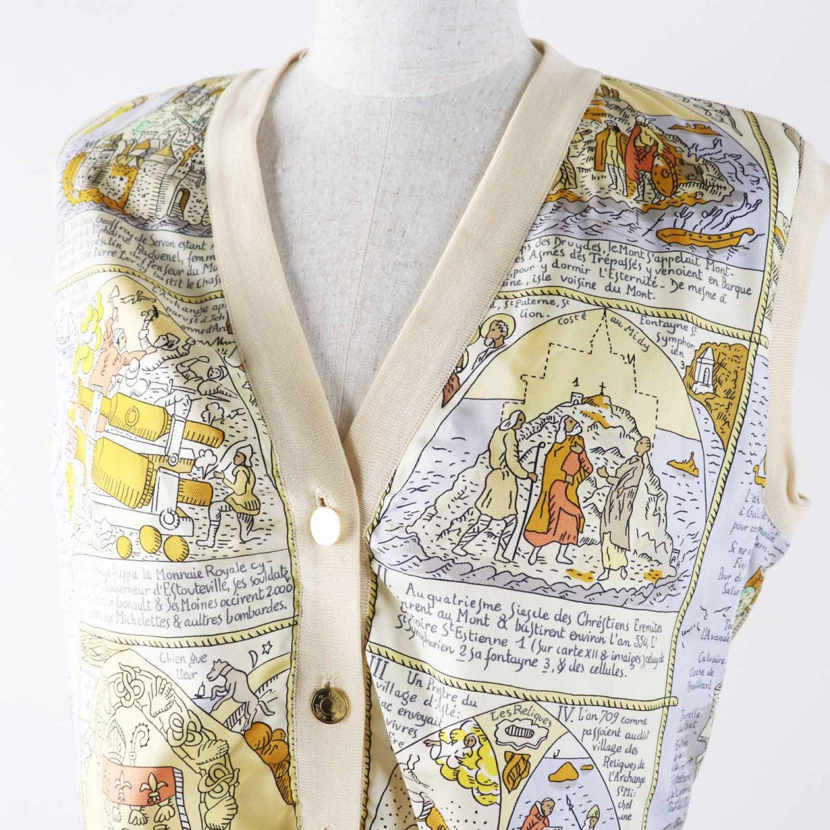 HERMES Vest Main: 100% silk, Lining: 100% cotton Multi beige type MONT SAINCT MICHEL Mont Saint Michel Women 46