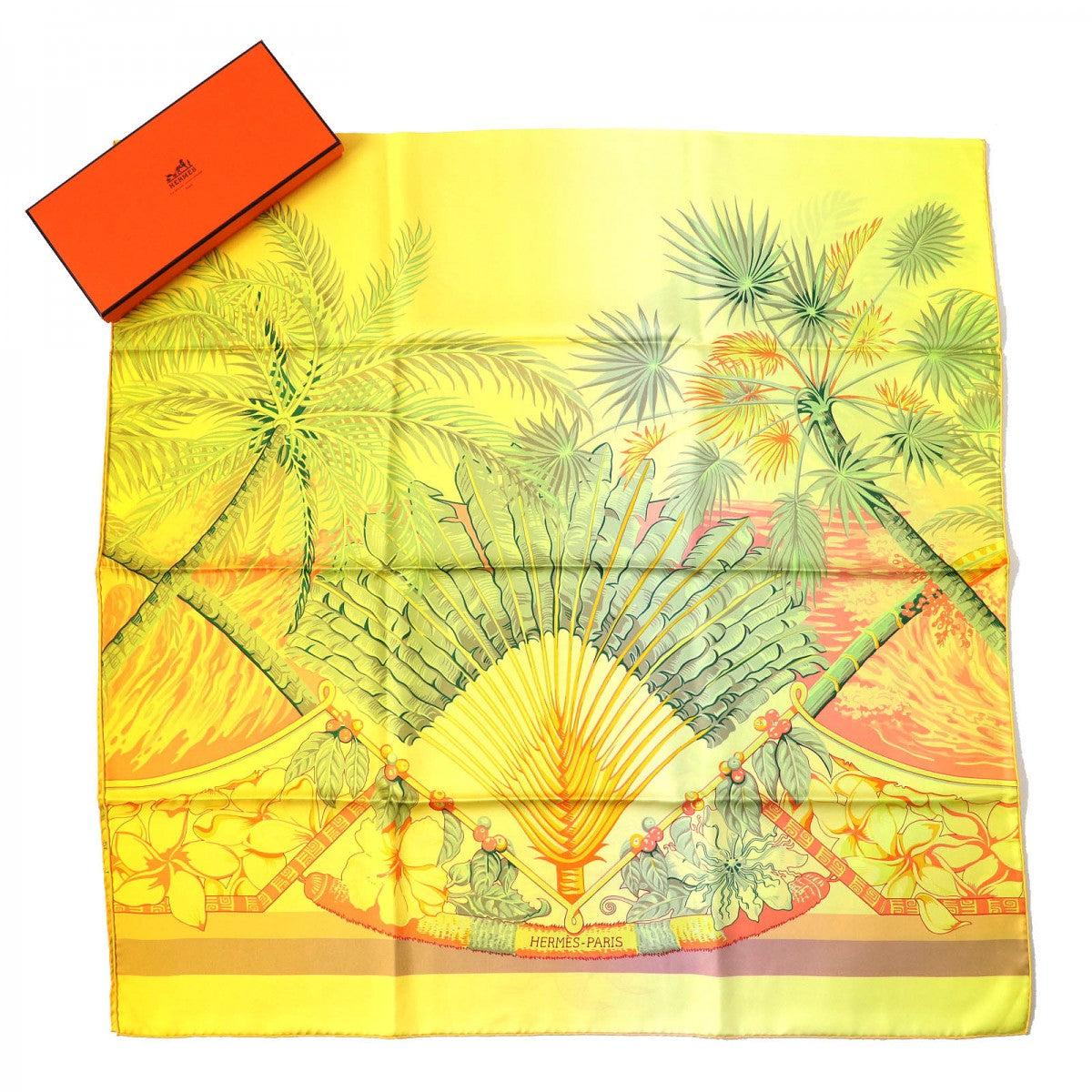 HERMES Stall Main: 100% silk Jaune vif/green/orange Rectangle Aloha Women