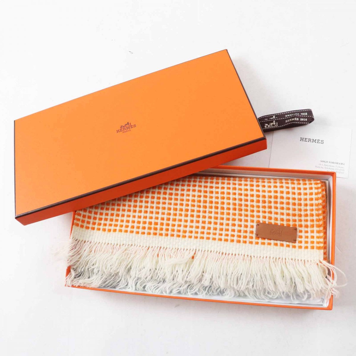 HERMES Scarf Main: 100% cashmere, part: sheep leather Orange White Blue Women