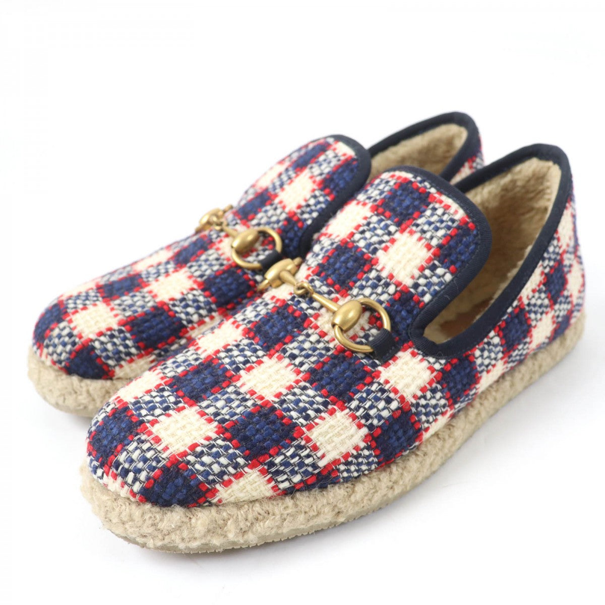 GUCCI Leather shoes Tweed, Boa multicolor Check Pattern Horsebit Medium Bore Women 38 1/2