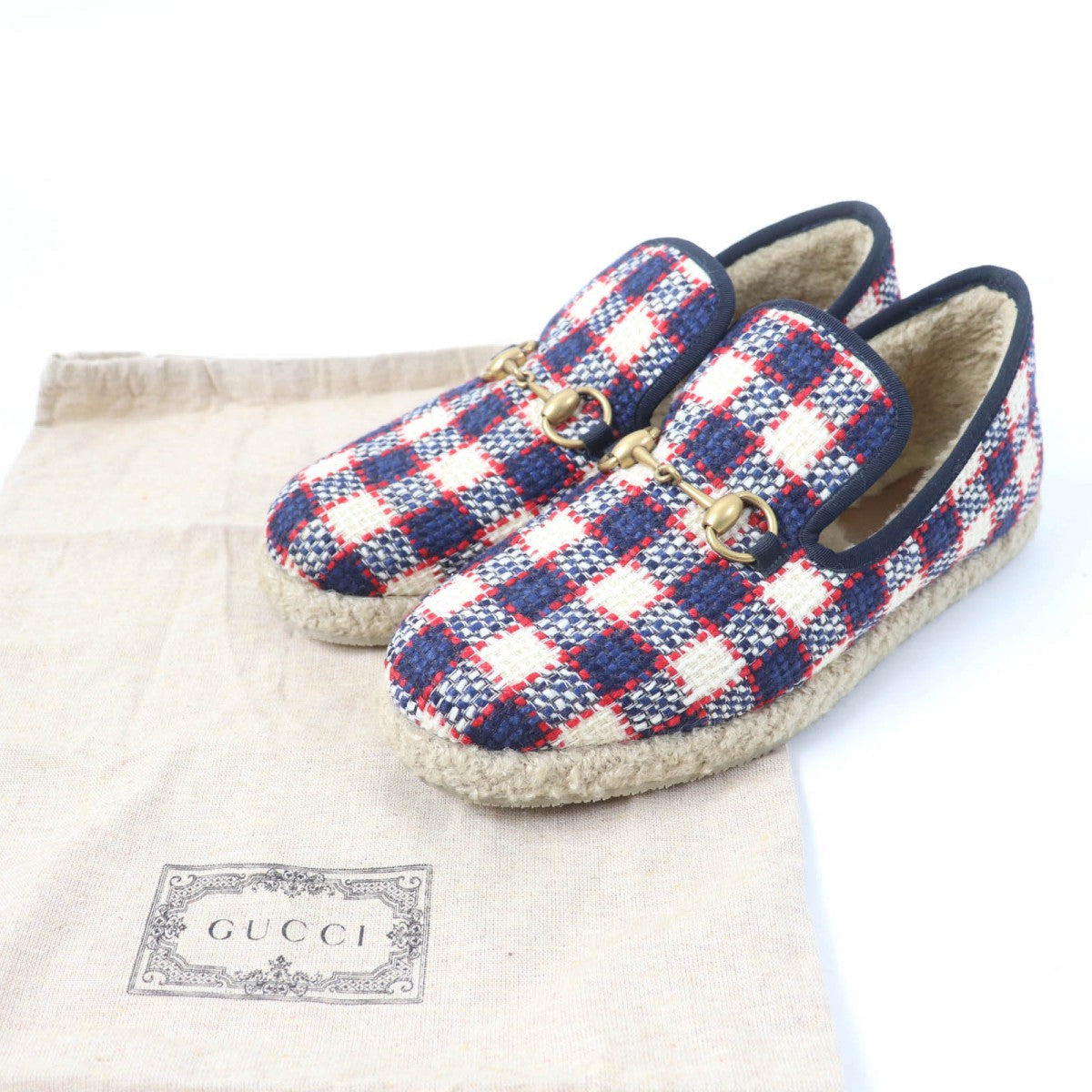 GUCCI Leather shoes Tweed, Boa multicolor Check Pattern Horsebit Medium Bore Women 38 1/2