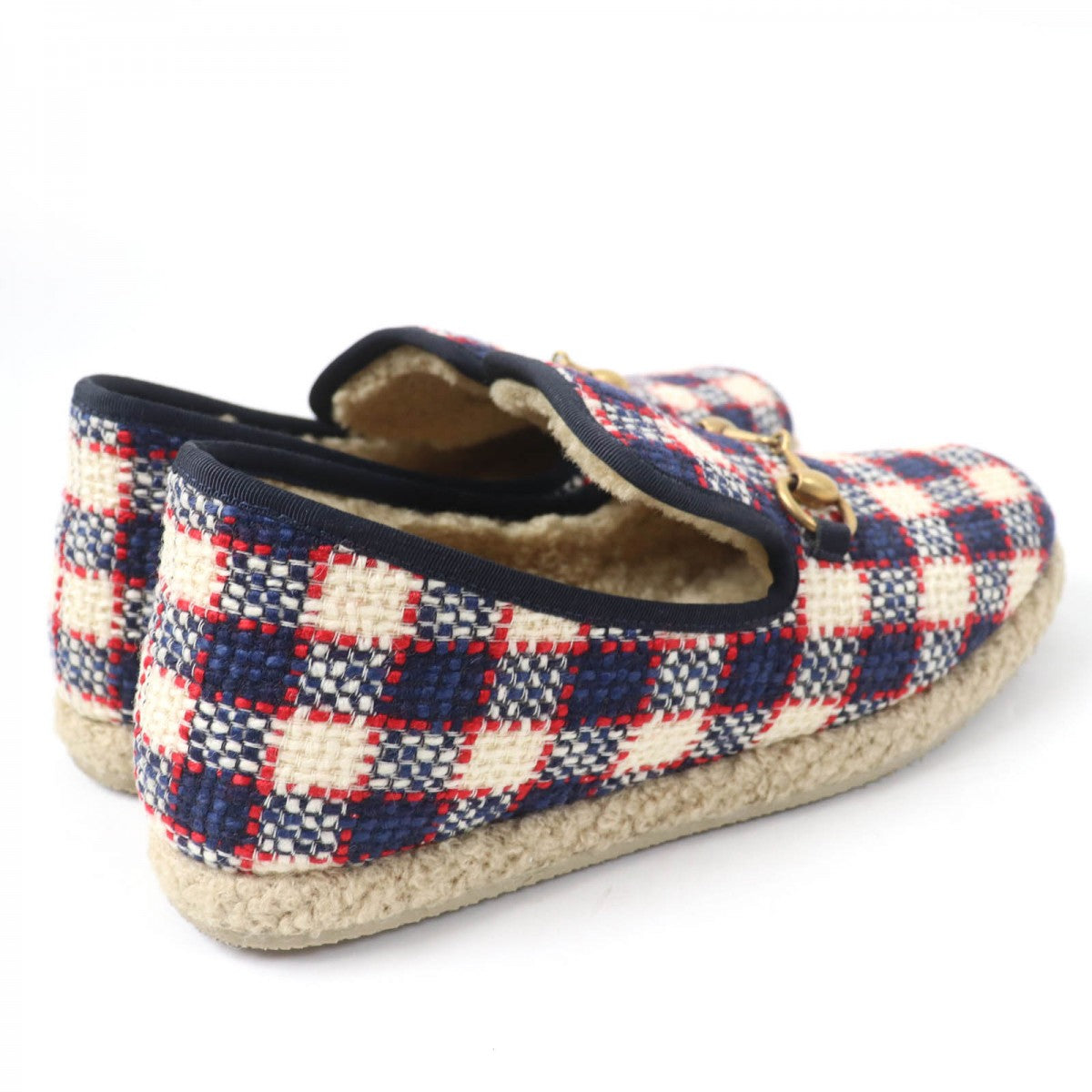 GUCCI Leather shoes Tweed, Boa multicolor Check Pattern Horsebit Medium Bore Women 38 1/2