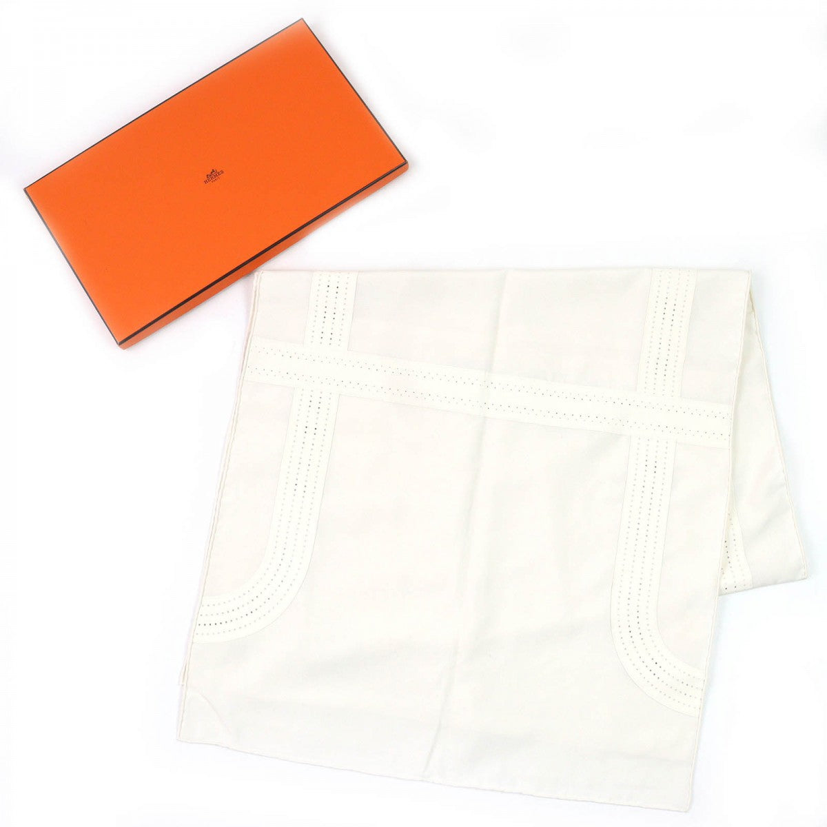 HERMES shawl Main: 100% silk, Leather part: sheepskin Ivory Women