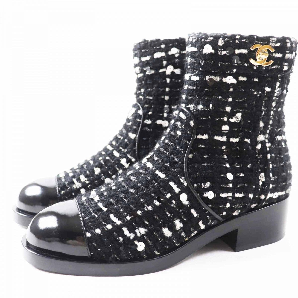 CHANEL short boots G36763 Main: Tweed, Part: Patent leather Black White Women 36