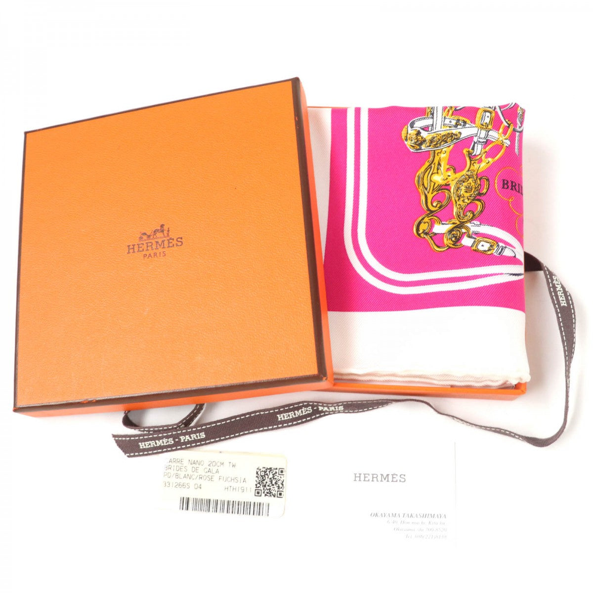 HERMES scarf Main: 100% silk BLANC/ROSE FUCHSIA Carre Nano 20CM BRIDES de GALA Brides for ceremonies Women
