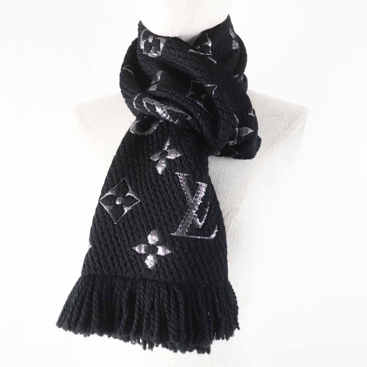 LOUIS VUITTON Scarf M75833 Main: 95% wool, Main: 3% silk, Main: 2% polyester Noir Escalp Logo Mania Shine Women