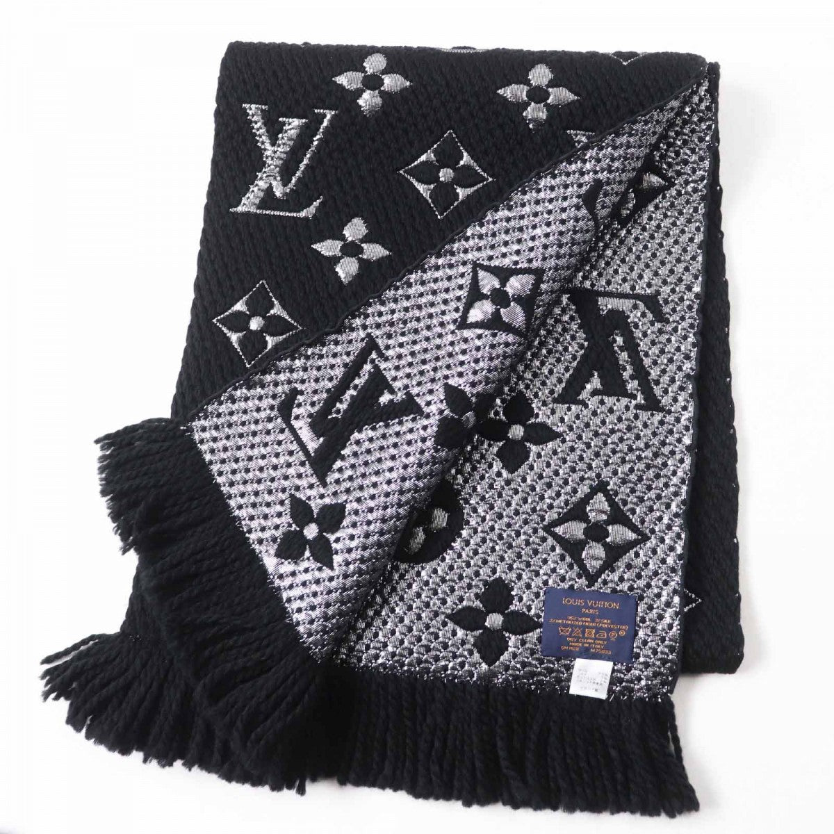 LOUIS VUITTON Scarf M75833 Main: 95% wool, Main: 3% silk, Main: 2% polyester Noir Escalp Logo Mania Shine Women