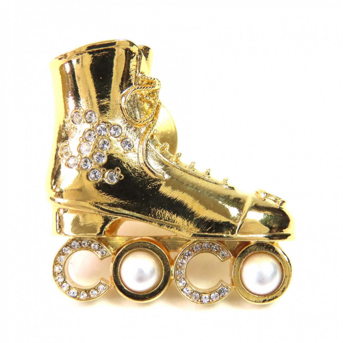 CHANEL Brooch F24 Gold Plated, Faux Pearl, Rhinestone gold COCO Mark Roller Skating Brooch Women