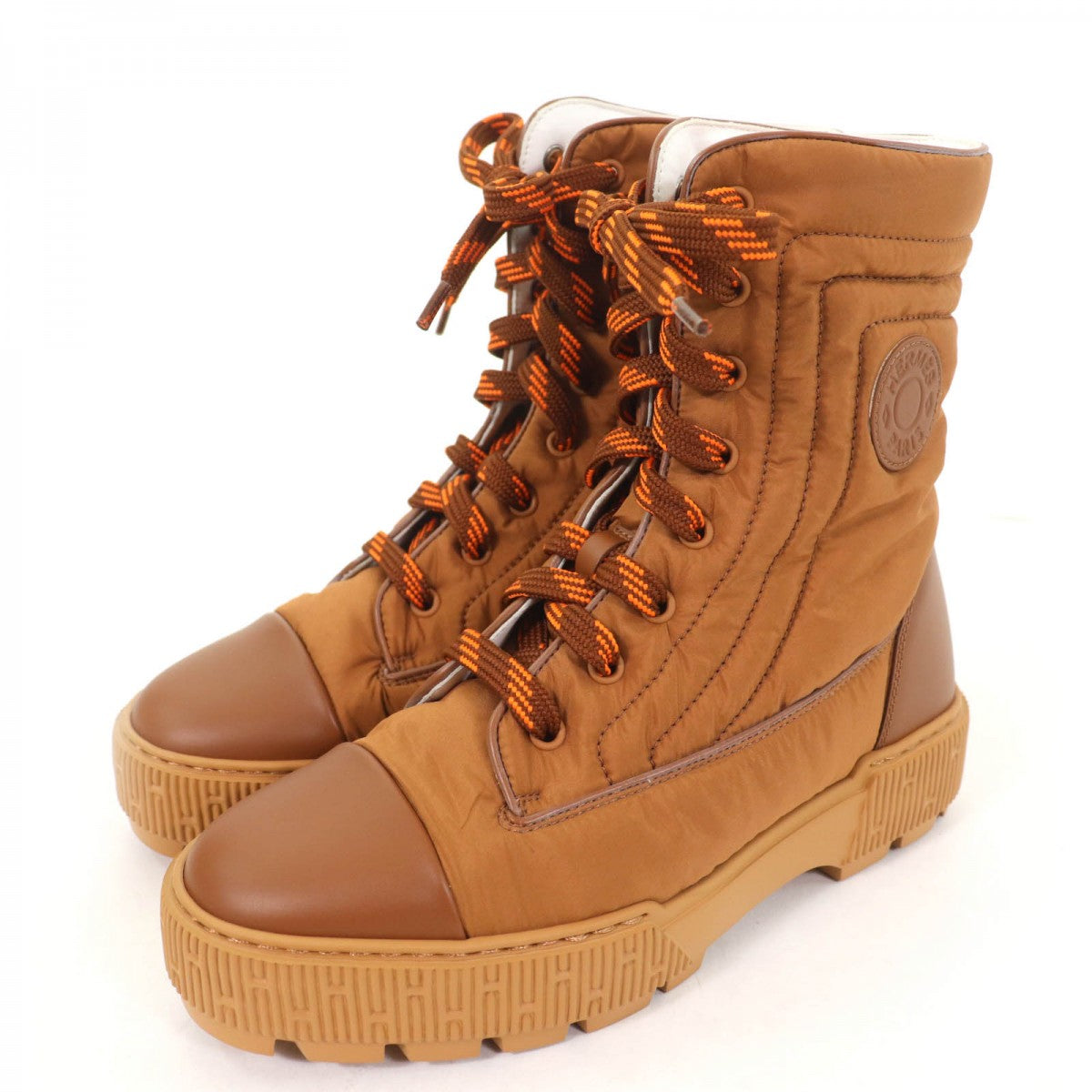 HERMES short boots Fabric , Part:Leather , Brown Quilted Parachute Fabric fresh Women 37