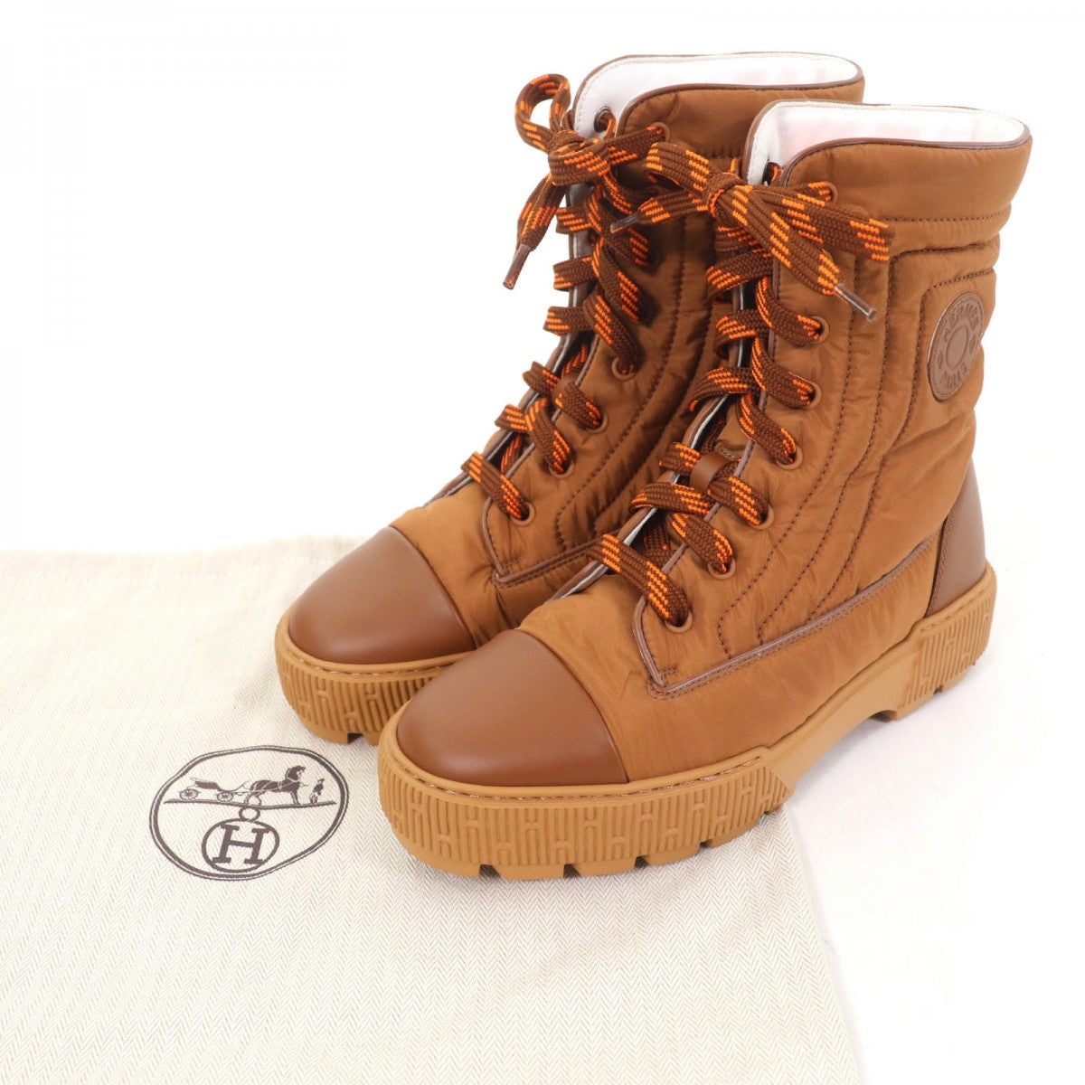 HERMES short boots Fabric , Part:Leather , Brown Quilted Parachute Fabric fresh Women 37