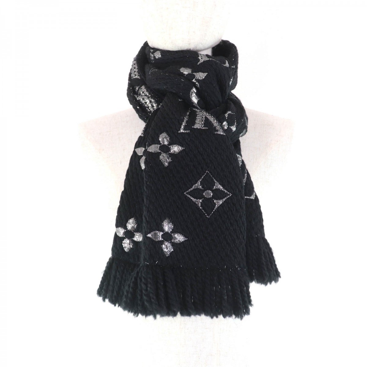 LOUIS VUITTON Scarf M75833 Main: 95% wool, Main: 3% silk, Main: 2% polyester Noir Escalp Logo Mania Shine Women