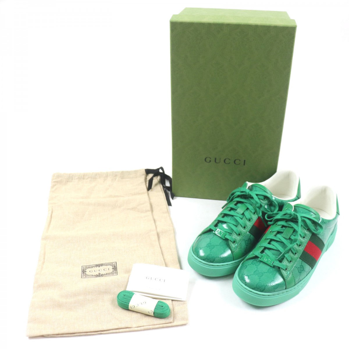 GUCCI Low cut sneakers 760775 Main: Leather green Webline Sherryline GG Crystal ACE mens 6.5