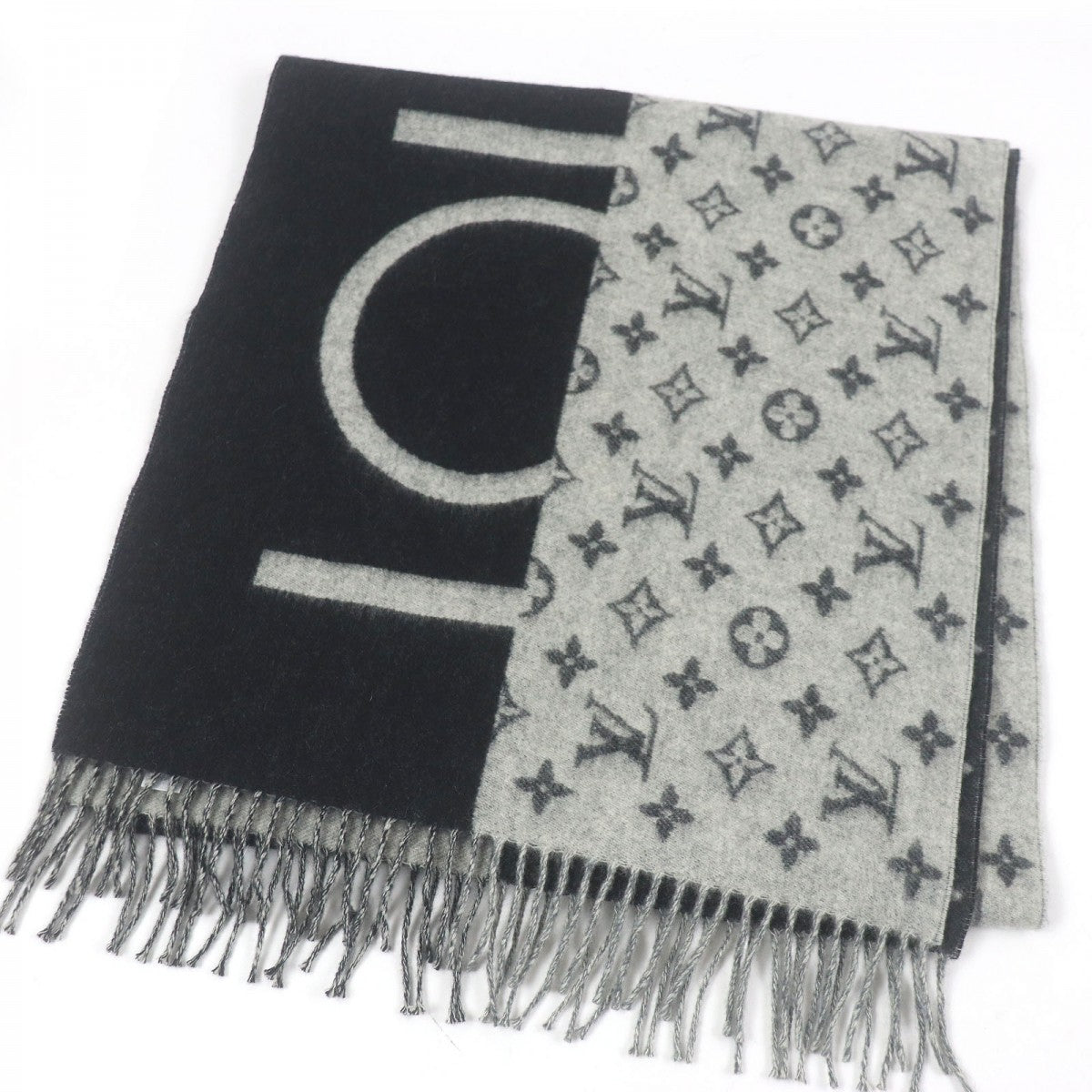 LOUIS VUITTON Scarf M70924 Main: 100% cashmere Gray black Esharp / LV Split mens