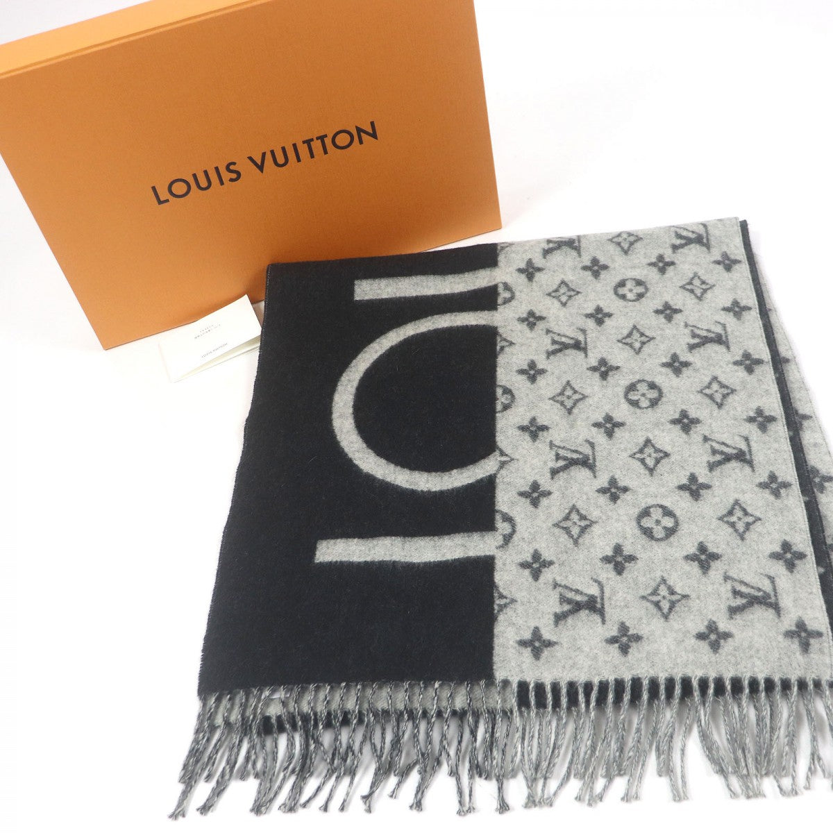 LOUIS VUITTON Scarf M70924 Main: 100% cashmere Gray black Esharp / LV Split mens