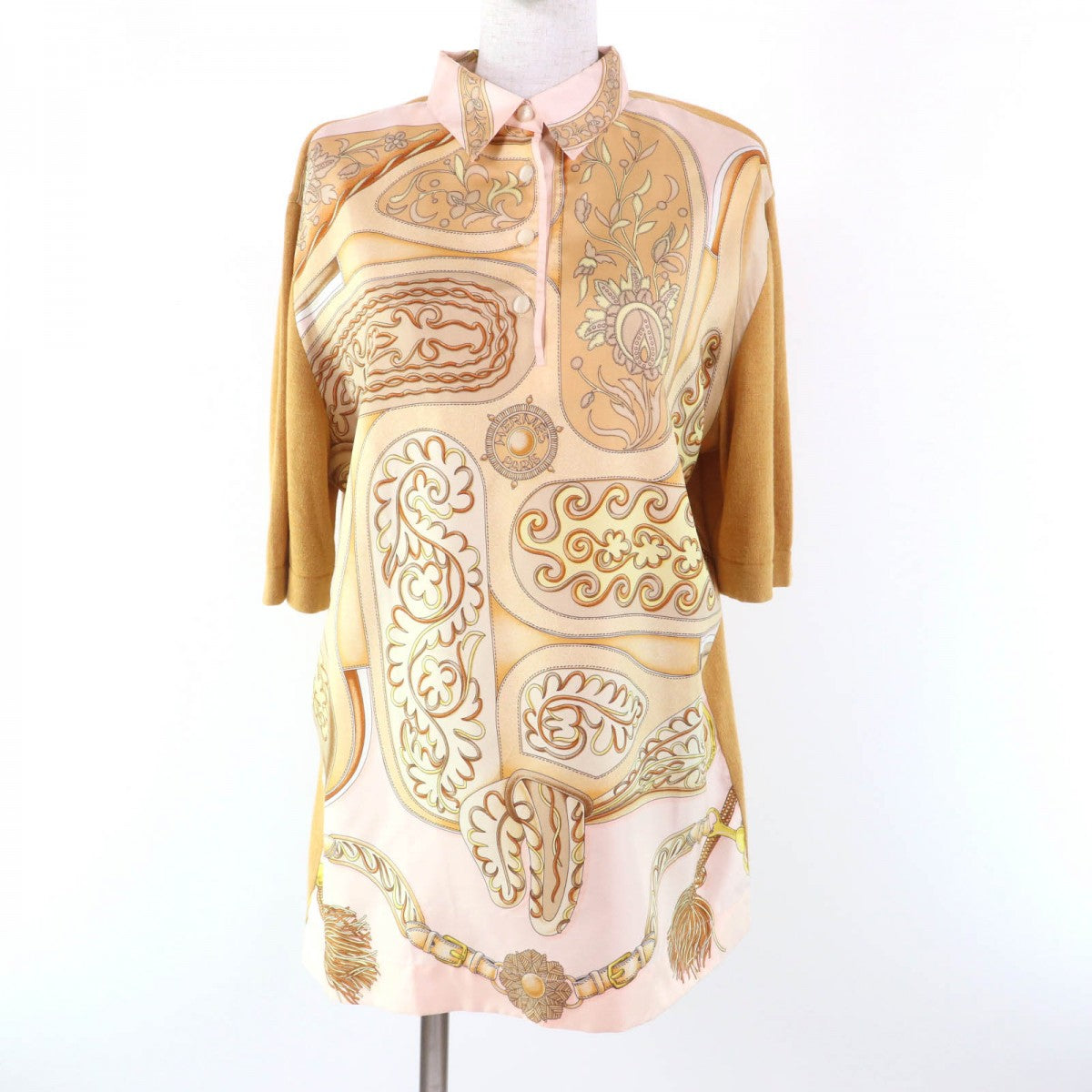 HERMES Short sleeve polo shirt Main: 100% silk, part: 85% cotton, part: 15% cashmere Brown type Women L