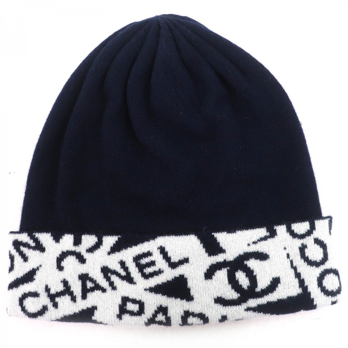 CHANEL Knit cap cashmere Navy white