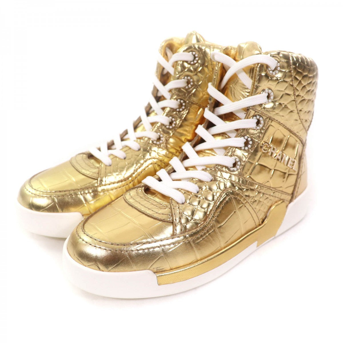 CHANEL High cut sneakers 19A G35079 leather gold 37