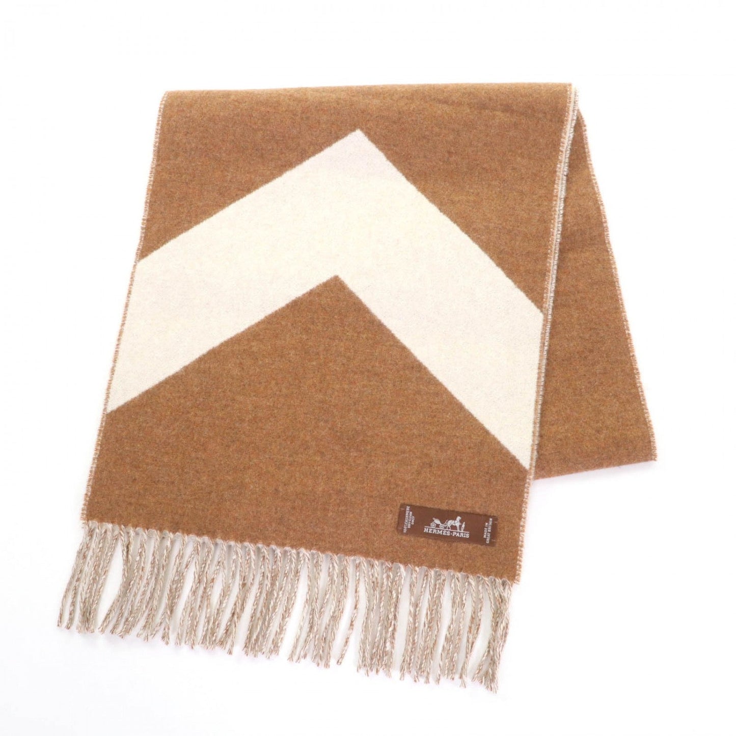 HERMES Scarf cashmere Brown white Cazac Chevron