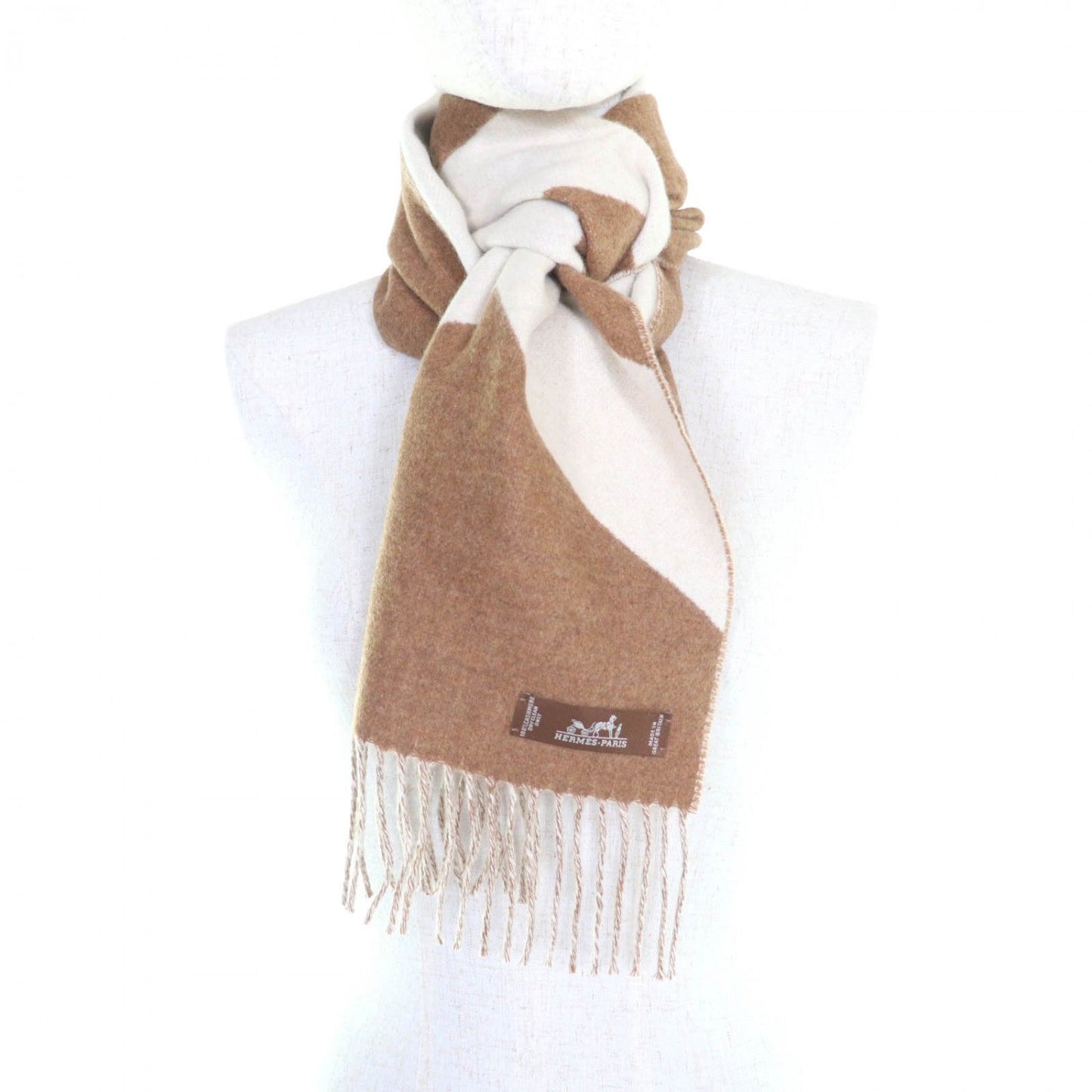 HERMES Scarf cashmere Brown white Cazac Chevron