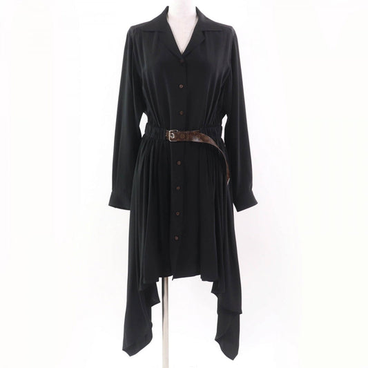 LOUIS VUITTON one piece 1AFSWC silk black Belted asymmetrical shirt dress 34