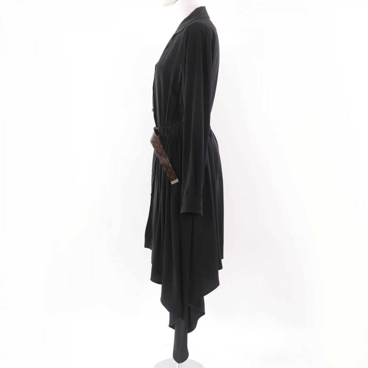 LOUIS VUITTON one piece 1AFSWC silk black Belted asymmetrical shirt dress 34