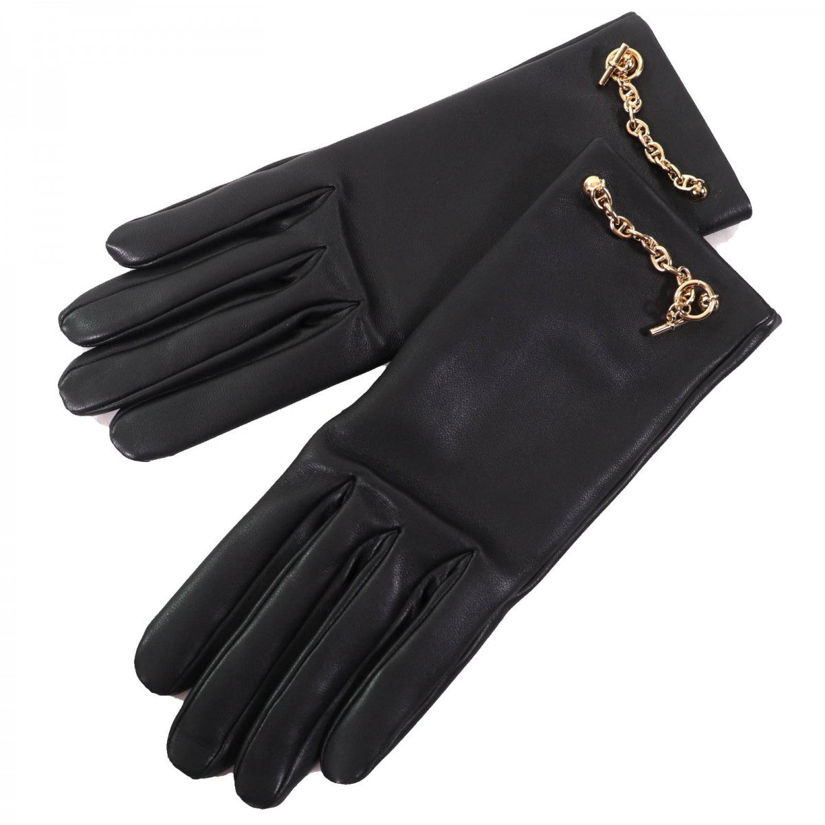 HERMES gloves lambskin black Leather Gloves Chene Dunkle 6.5