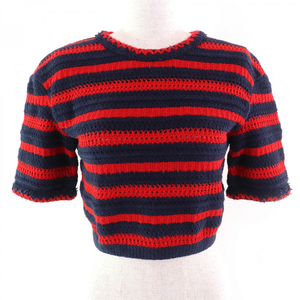 CHANEL Short sleeve knit 21C P70326 cotton Navy red 34