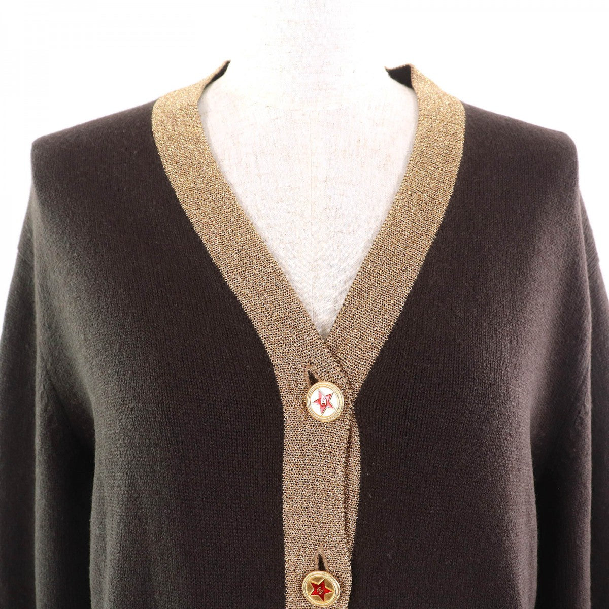 CHANEL cardigan 09A P36174 cashmere Dark brown gold 40