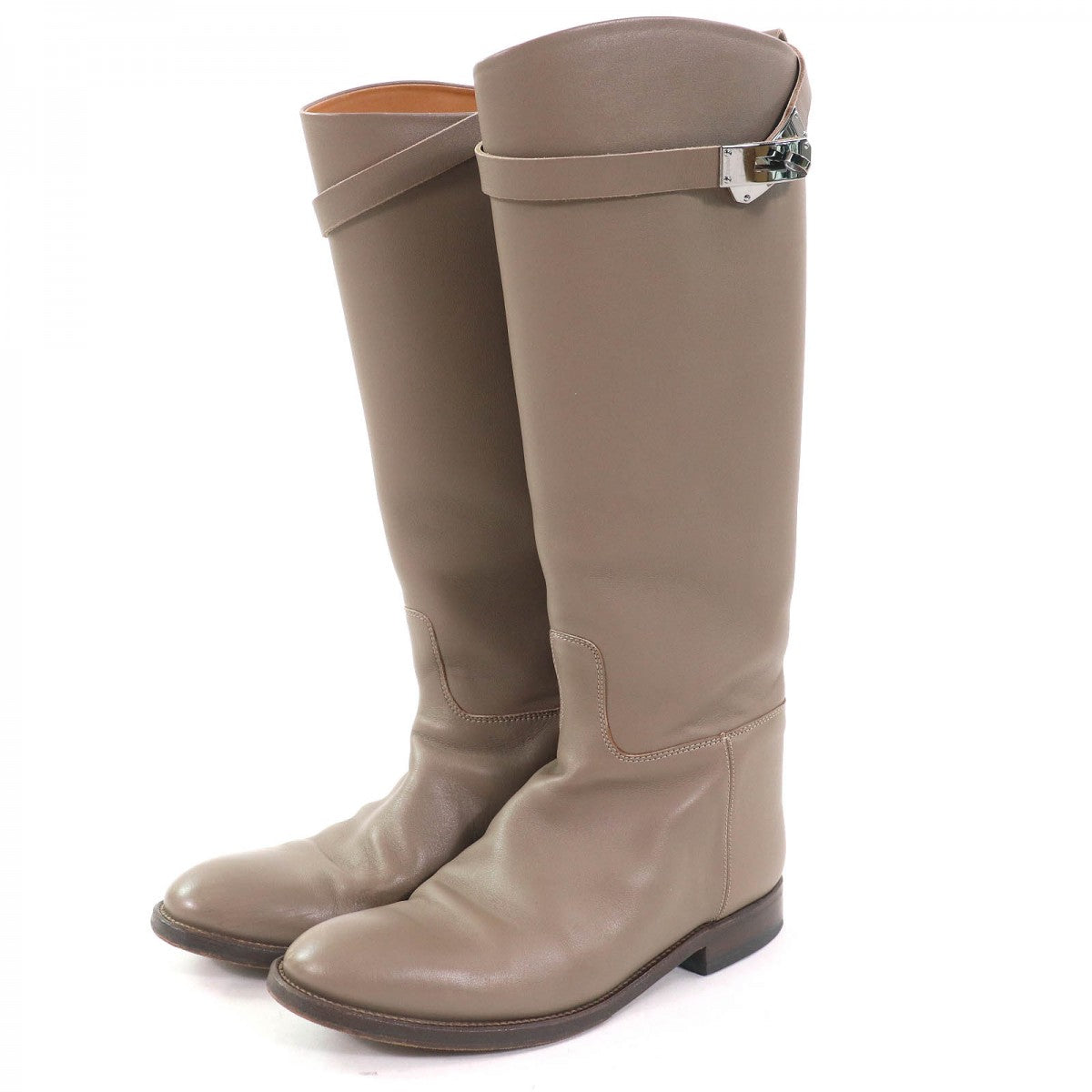 HERMES Knee-high boots leather Greige type jumping boots 36.5