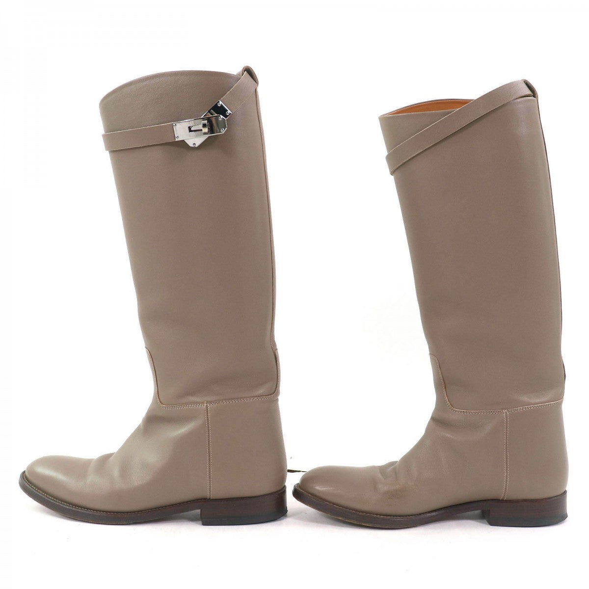 HERMES Knee-high boots leather Greige type jumping boots 36.5