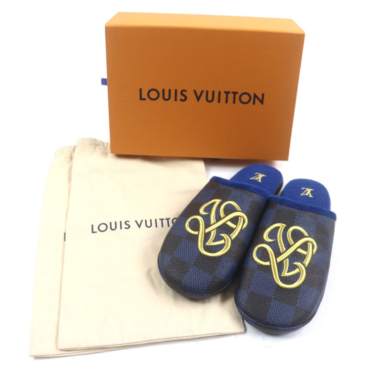 LOUIS VUITTON Sandals 1ACN6H Grain Calfskin Leather Blue brown gold LV Palace Line Mules 9
