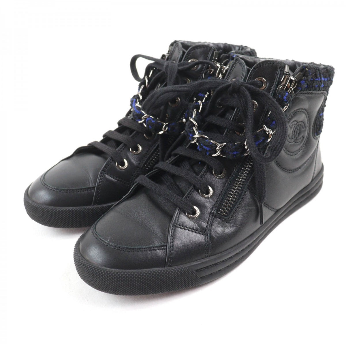 CHANEL High cut sneakers G31316 leather Black blue 35