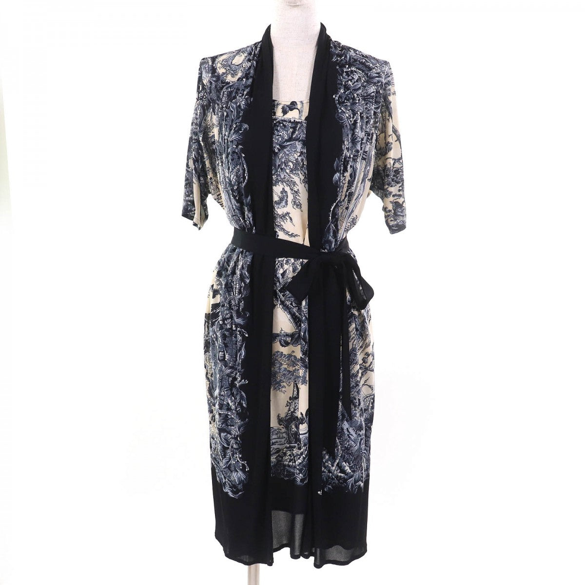HERMES one piece Rayon Navy Blue Beige type FANTAISIE PITTORESQUE 34