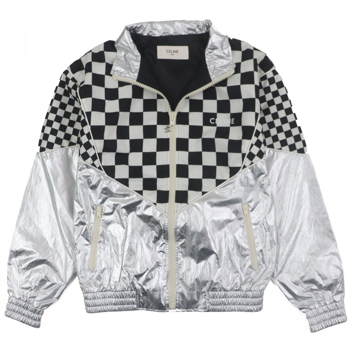 CELINE Blouson 2W420819L Nylon Silver White Black Loose Checkerboard Boule 46
