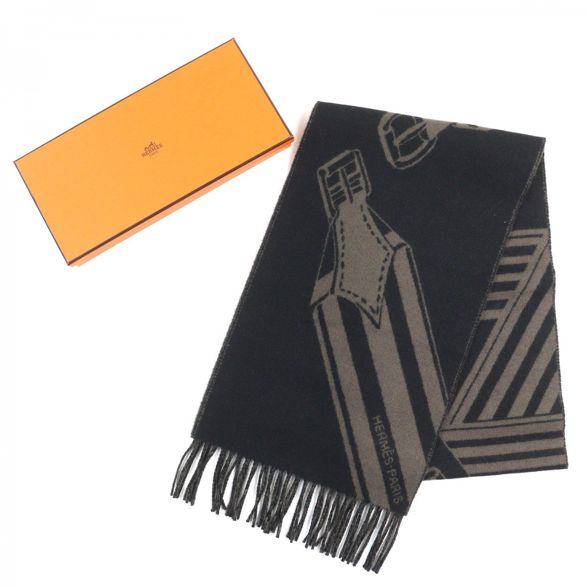 HERMES Scarf H394808T cashmere black basalt zigzag sangre