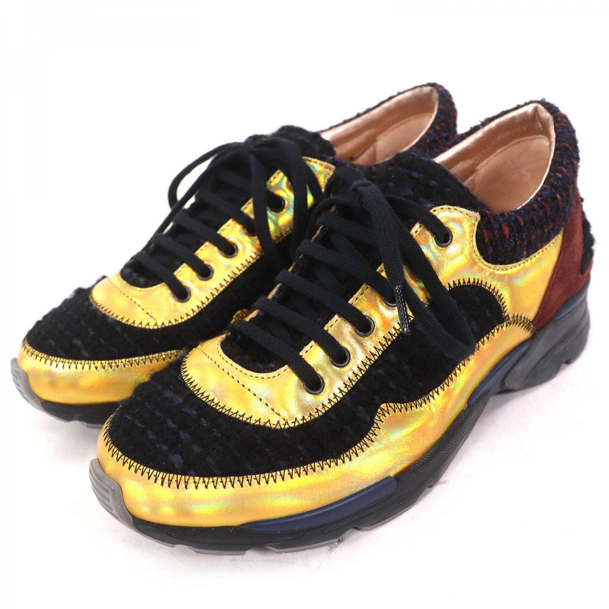 CHANEL sneakers G30422 Suede leather Metallic Yellow Black Brown 35