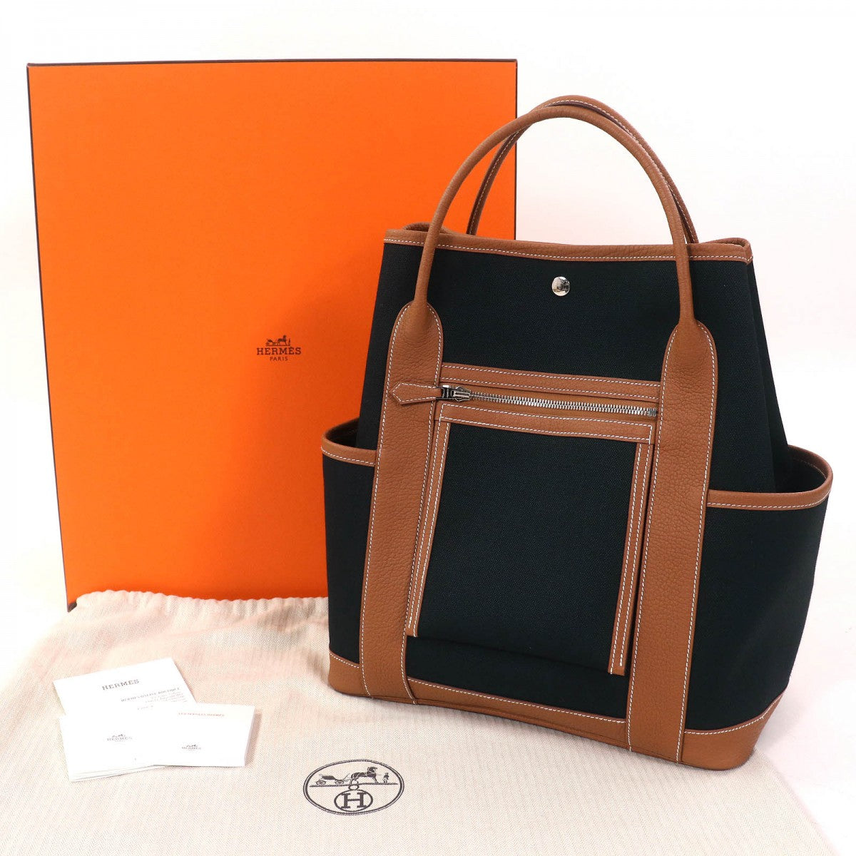 HERMES Tote Bag Toile Military Black / gold Garden Party Pocket Vertical
